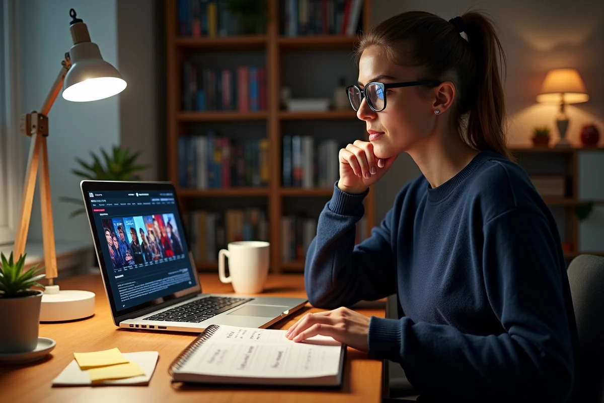Femme prenant des notes sur l'ordre de sortie des films Spider-Man avec Tom Holland devant son ordinateur portable