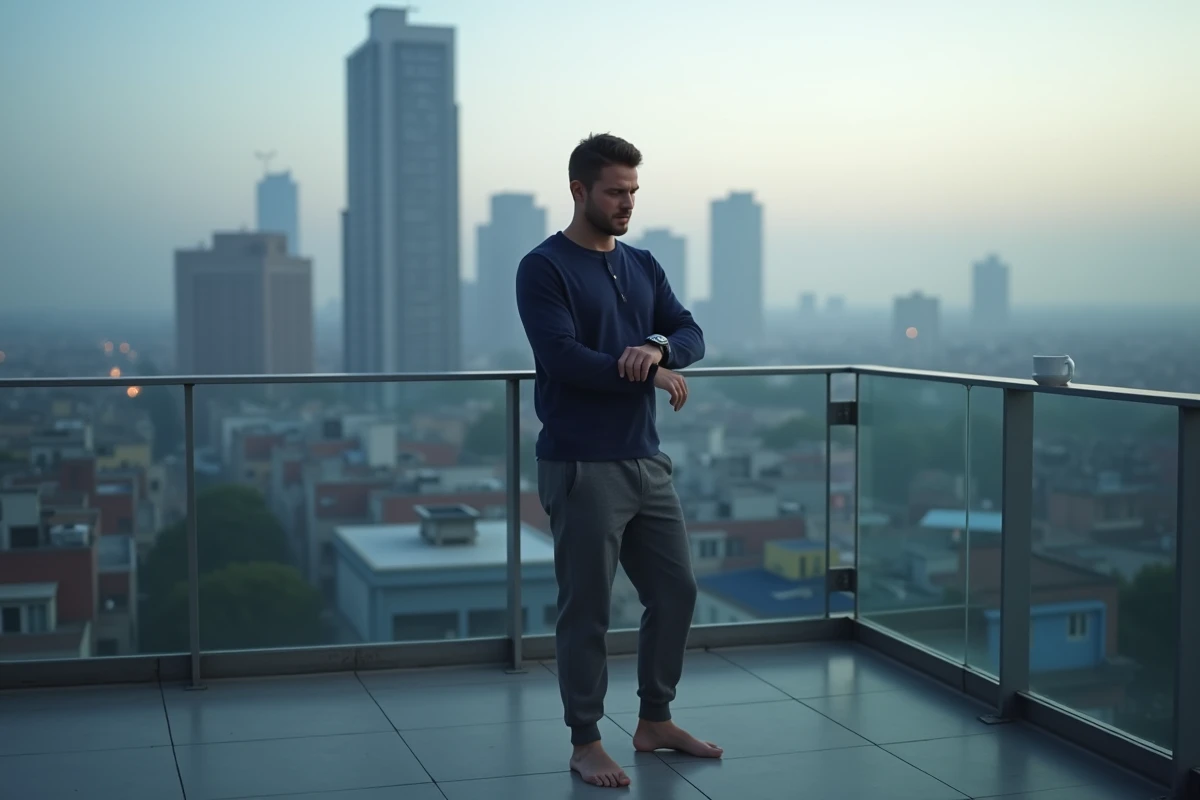 Homme sur un balcon urbain regardant sa montre affichant 06h06 avec une vue de la ville dans la brume matinale