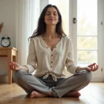 Femme en méditation au sol avec une horloge affichant 06h06 dans un intérieur minimaliste au lever du jour