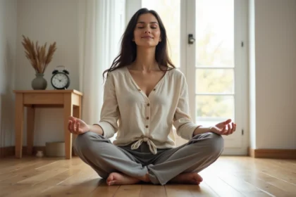Femme en méditation au sol avec une horloge affichant 06h06 dans un intérieur minimaliste au lever du jour