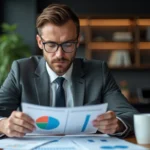 Homme d'affaires en costume gris analysant des rapports financiers