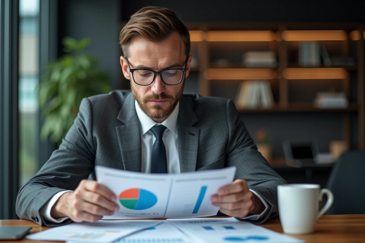 Homme d'affaires en costume gris analysant des rapports financiers