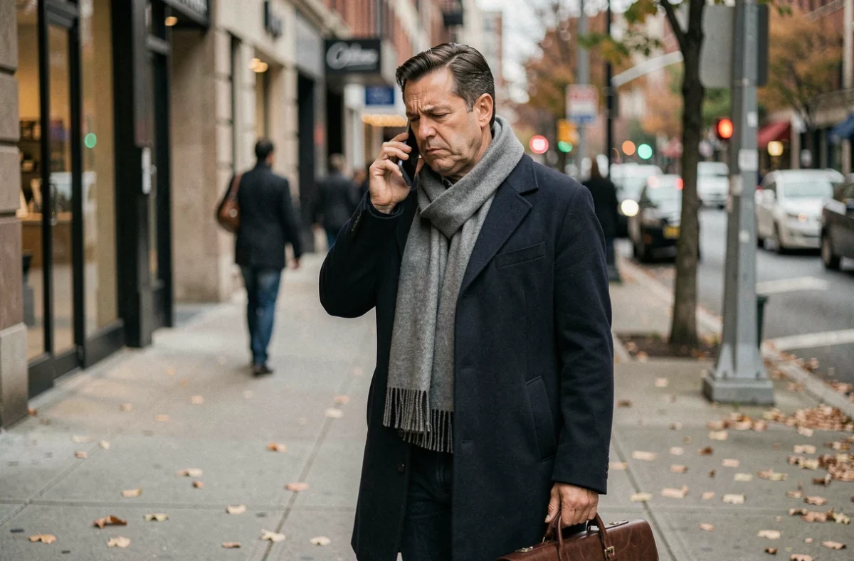 Homme en ville regardant un appel téléphonique suspect sur son smartphone avec une expression méfiante
