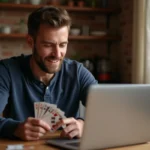Homme jouant à la belote coinchée en ligne sur un ordinateur portable avec des cartes en main dans un appartement français chaleureux