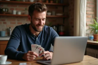 Homme jouant à la belote coinchée en ligne sur un ordinateur portable avec des cartes en main dans un appartement français chaleureux