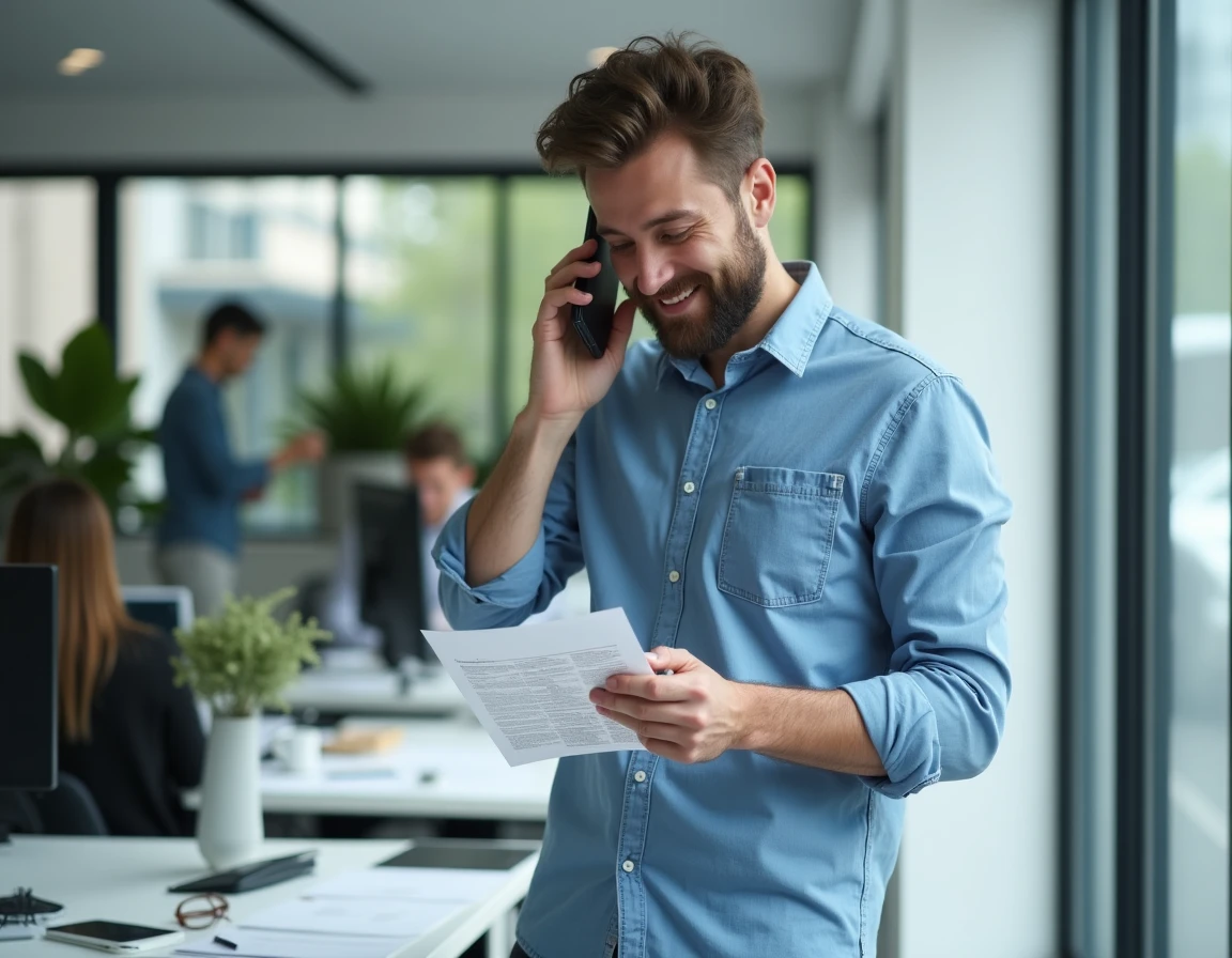 Homme en bureau consultant l'annuaire particulier 118 712 sur son smartphone au travail
