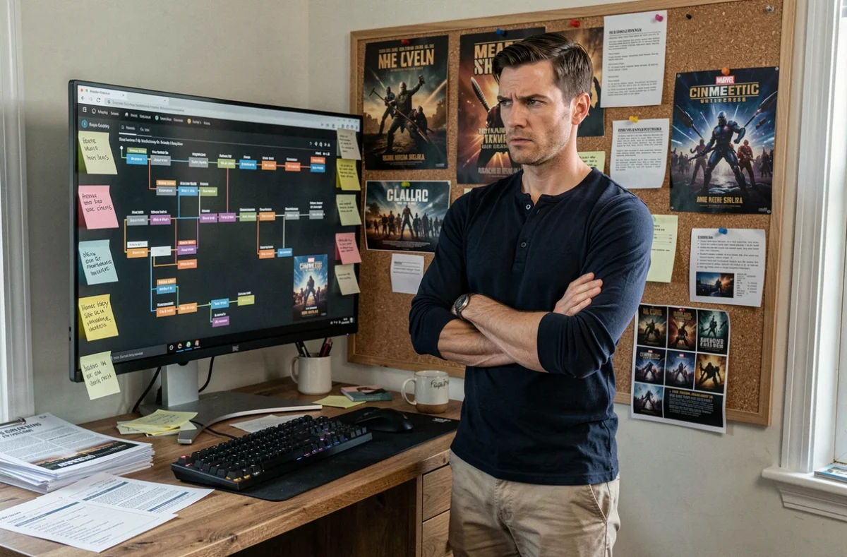 Homme analysant la chronologie et l'ordre des films Marvel sur un écran dans un bureau à domicile