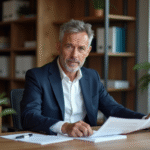 Homme d'âge moyen en costume bleu examinant des documents de prêt immobilier