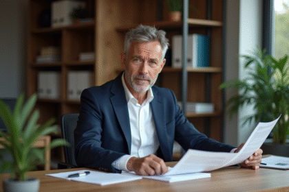 Homme d'âge moyen en costume bleu examinant des documents de prêt immobilier