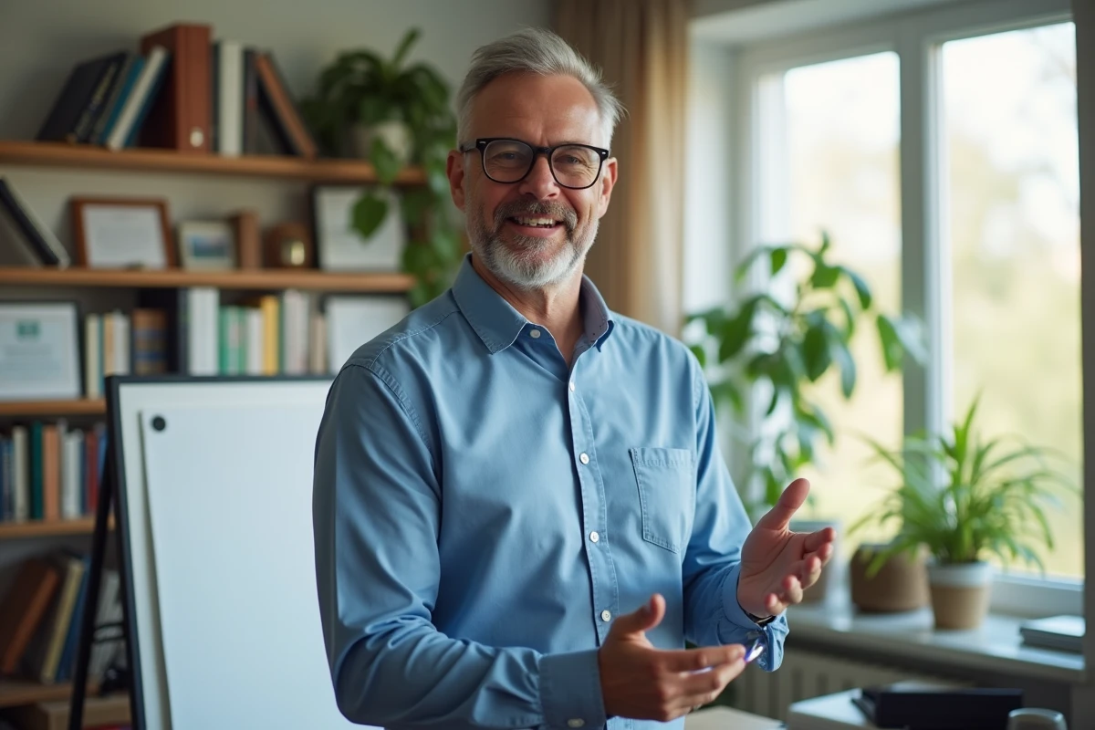 Homme en visioconference discutant dans un bureau lumineux