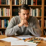 Homme concentré résolvant des énigmes de logique à son bureau avec des notes manuscrites et un Rubik's cube