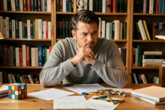 Homme concentré résolvant des énigmes de logique à son bureau avec des notes manuscrites et un Rubik's cube