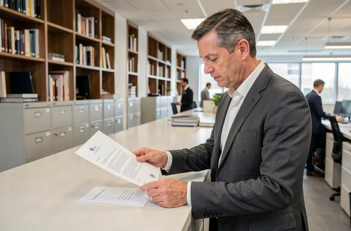 Homme d'affaires préparant une enveloppe pour envoyer une lettre de relance recommandée concernant un paiement impayé