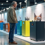 Homme devant batteries et tank a hydrogene en exposition