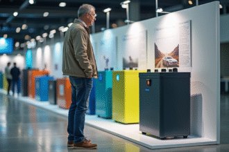 Homme devant batteries et tank a hydrogene en exposition