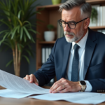 Homme d affaires en costume bleu examine documents financiers