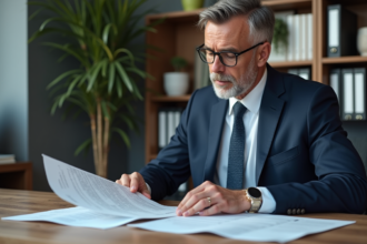 Homme d affaires en costume bleu examine documents financiers
