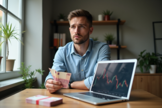 Homme d'affaires regardant ses notes et ordinateur à la maison