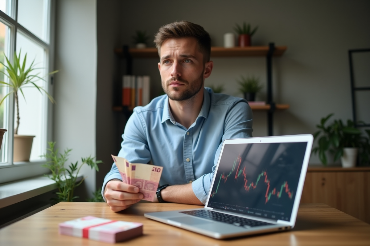 Homme d'affaires regardant ses notes et ordinateur à la maison