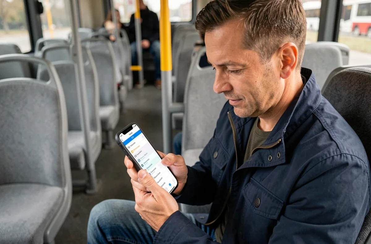 Homme consultant en temps réel l'horaire de la ligne de bus 378 sur son téléphone à l'intérieur d'un bus