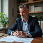 Homme d'âge moyen examinant des papiers immobiliers à Paris