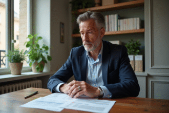 Homme d'âge moyen examinant des papiers immobiliers à Paris