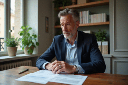Homme d'âge moyen examinant des papiers immobiliers à Paris