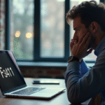 Homme inquiet au bureau regardant un laptop avec erreur F3411