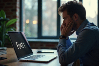 Homme inquiet au bureau regardant un laptop avec erreur F3411
