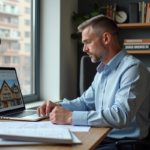 Homme d'âge moyen regardant plans immobiliers dans un bureau