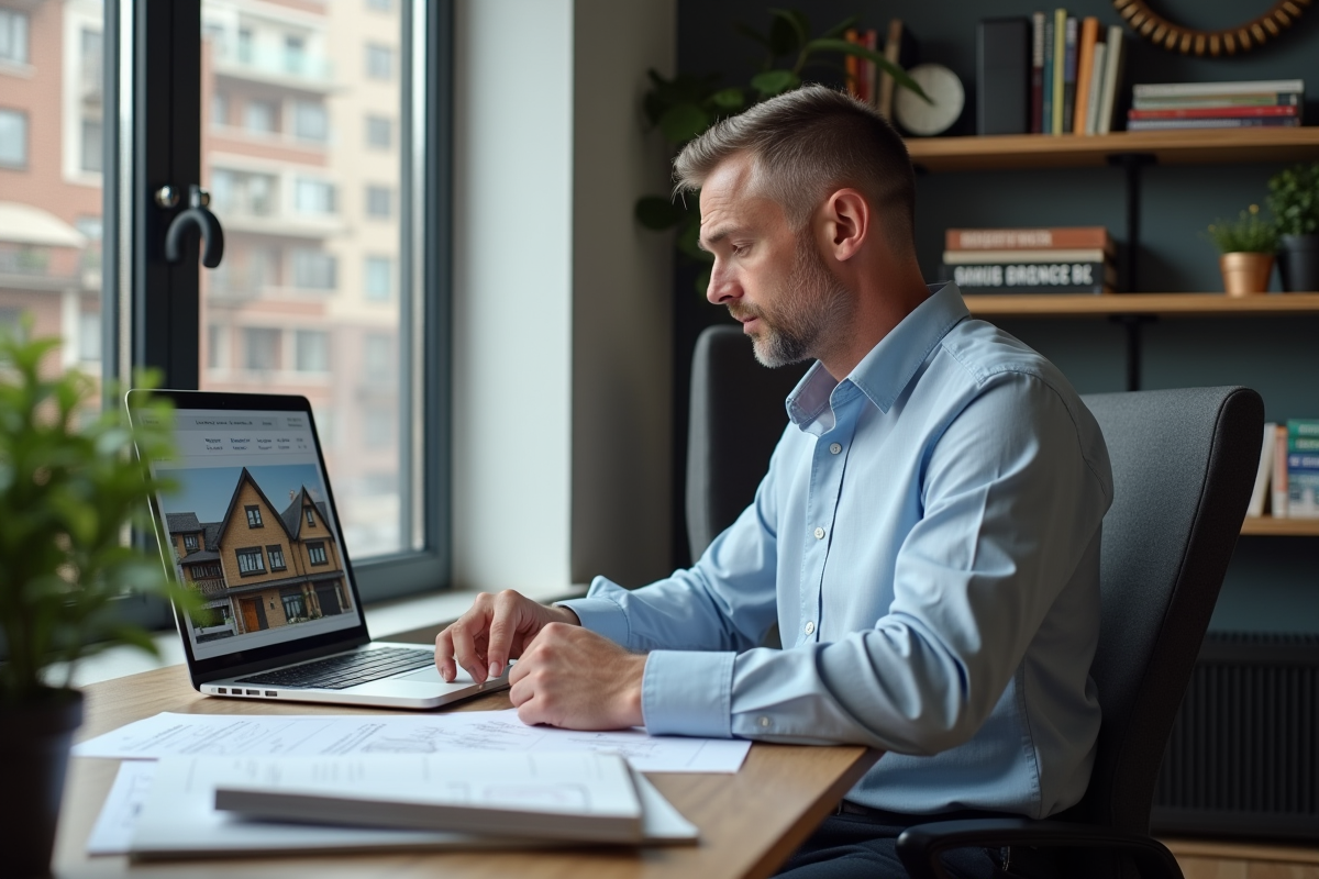 Homme d'âge moyen regardant plans immobiliers dans un bureau