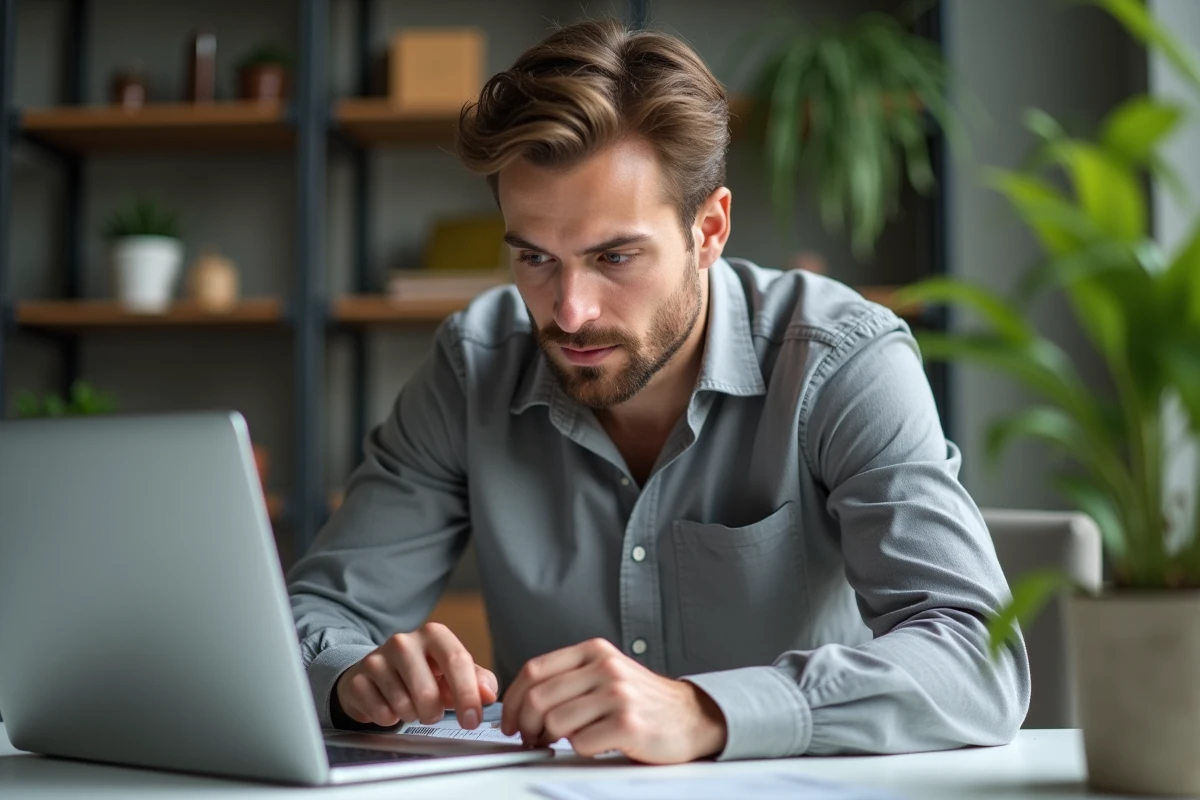Homme mesurant l'écran d'un ordinateur portable avec un mètre ruban dans un bureau moderne, illustrant la conversion pouces en centimètres
