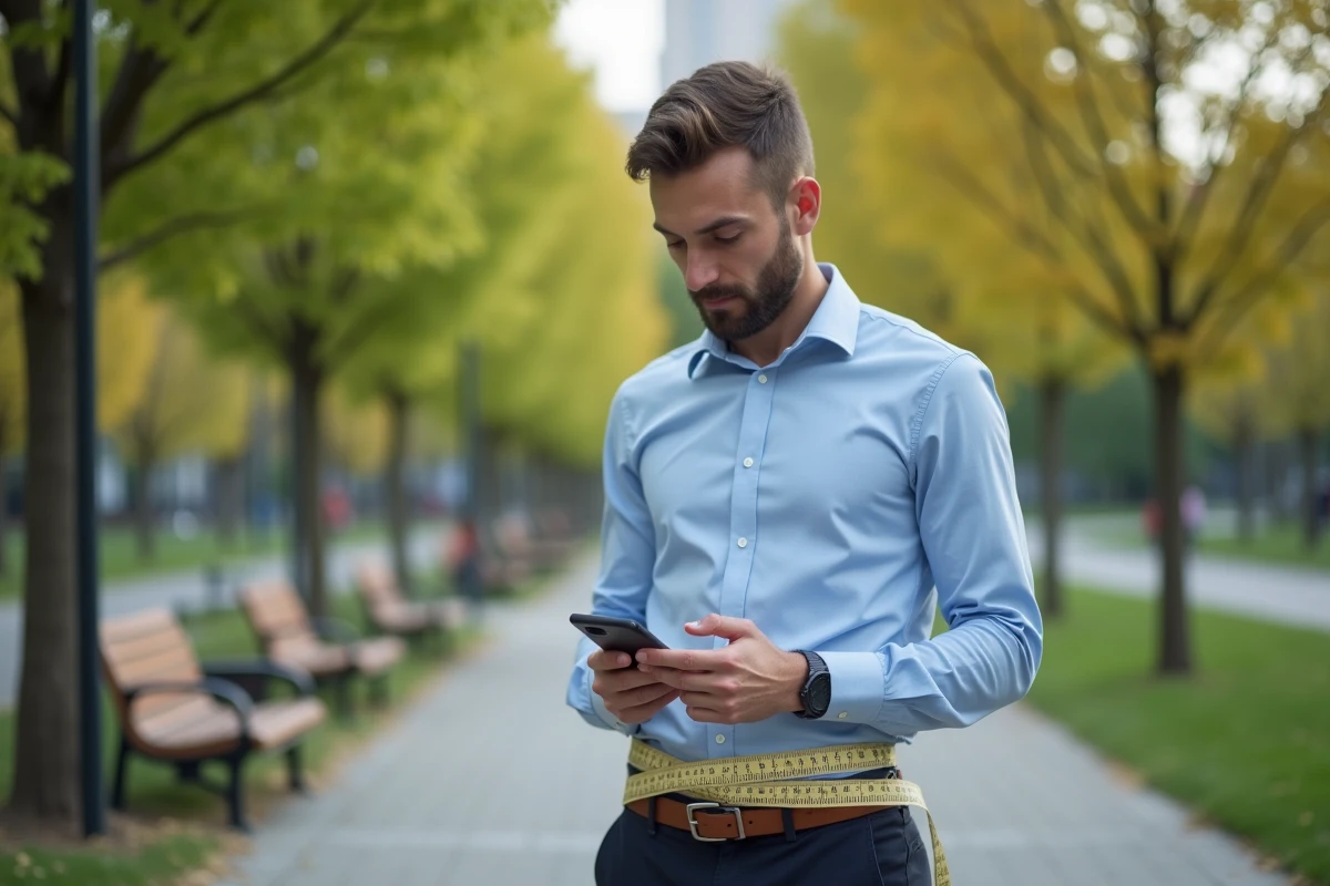Jeune homme vérifiant sa santé avec un ruban dans un parc