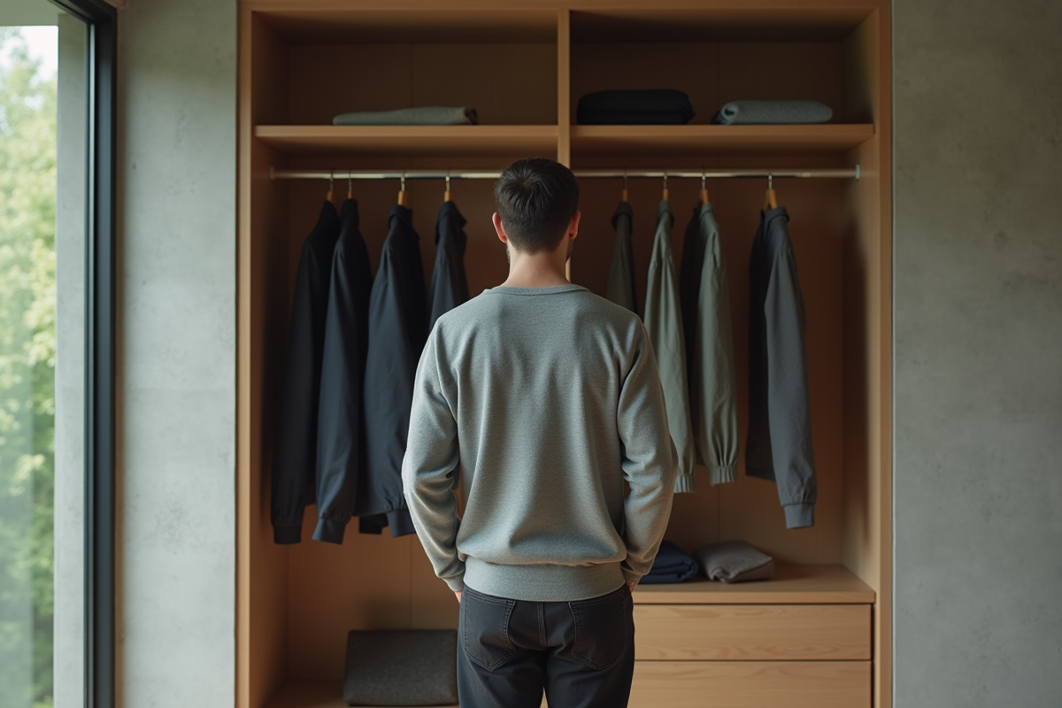 Homme en vêtements minimalistes regardant une armoire ouverte