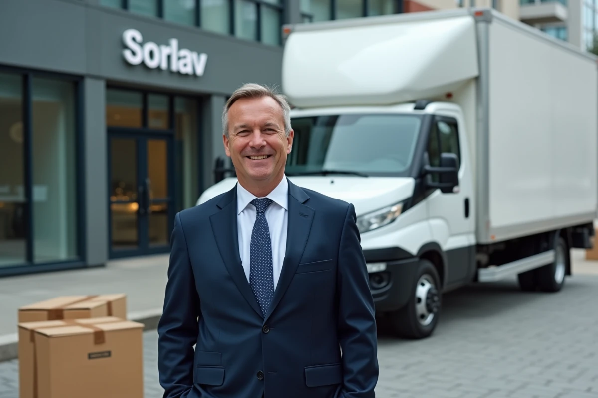 Homme en costume devant un camion de déménagement Sorlav