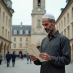 Homme musulman regardant un calendrier de prières à Douai