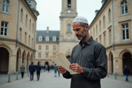 Homme musulman regardant un calendrier de prières à Douai