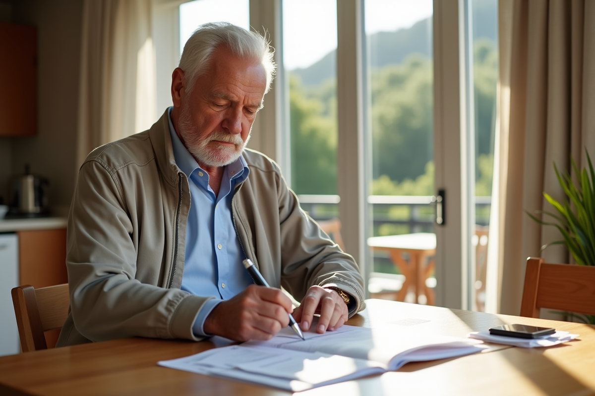 Homme âgé calculant ses factures dans un appartement lumineux