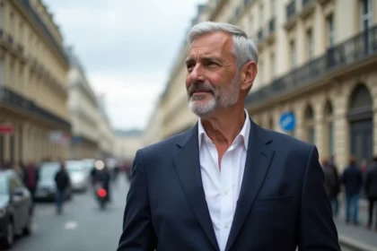 Homme d'âge moyen en costume à Paris regardant au loin