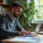 Homme concentré résolvant des puzzles sur un ordinateur portable