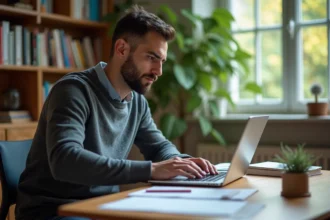 Homme concentré résolvant des puzzles sur un ordinateur portable
