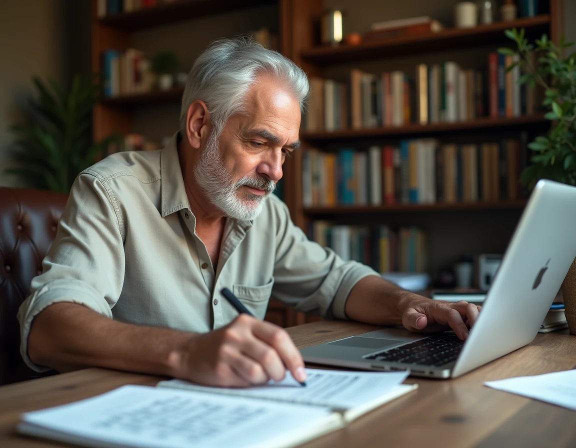 Homme senior utilisant un ordinateur portable pour chercher des indices de mots fléchés à côté d'une grille papier