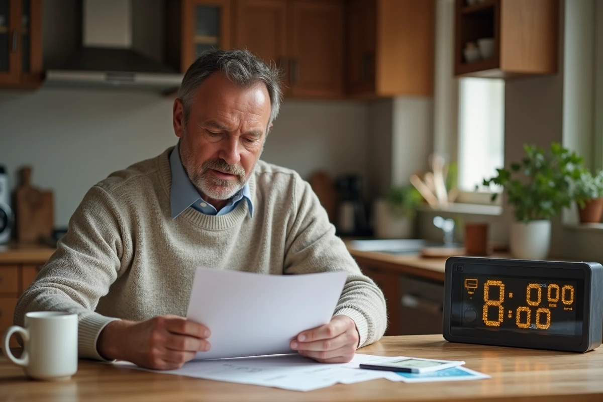 Homme étudiant ses finances dans une cuisine ensoleillée à 08h08