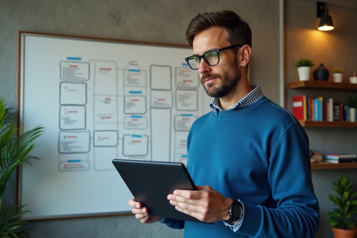 Homme expliquant des diagrammes avec une tablette dans un espace collaboratif