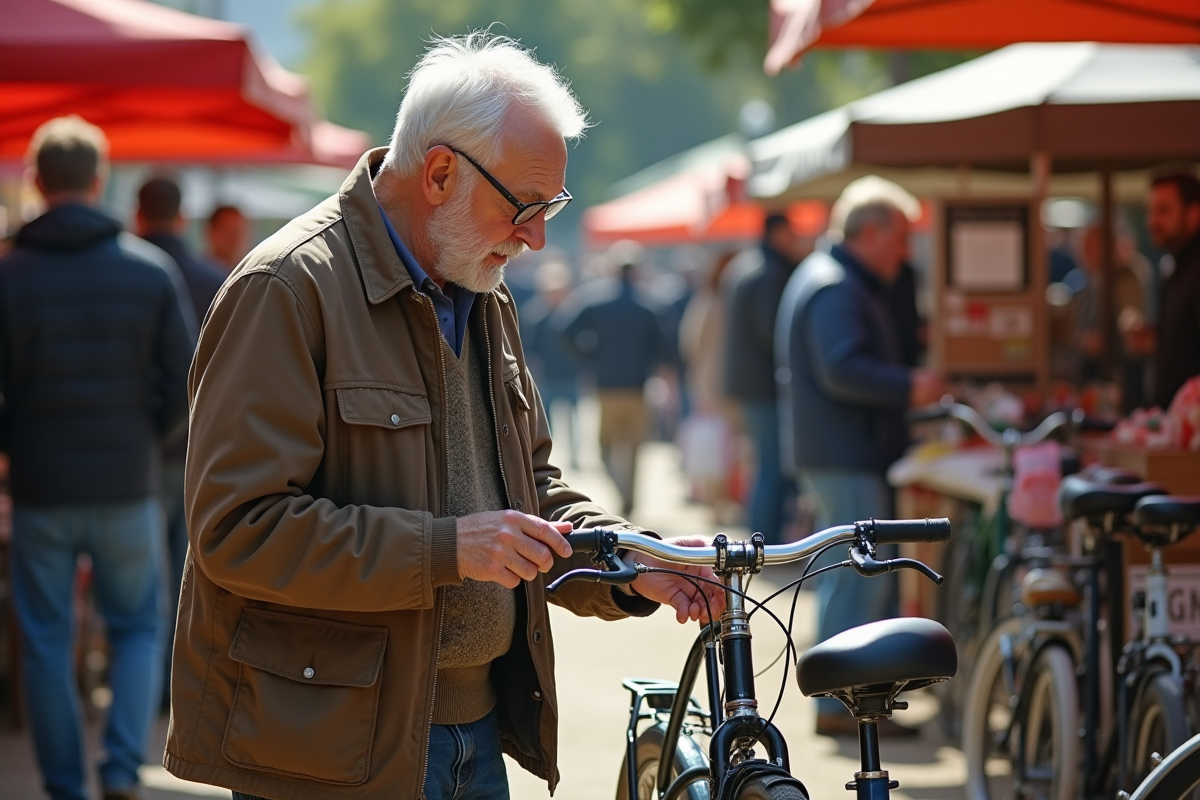 Homme âgé examinant un vélo d