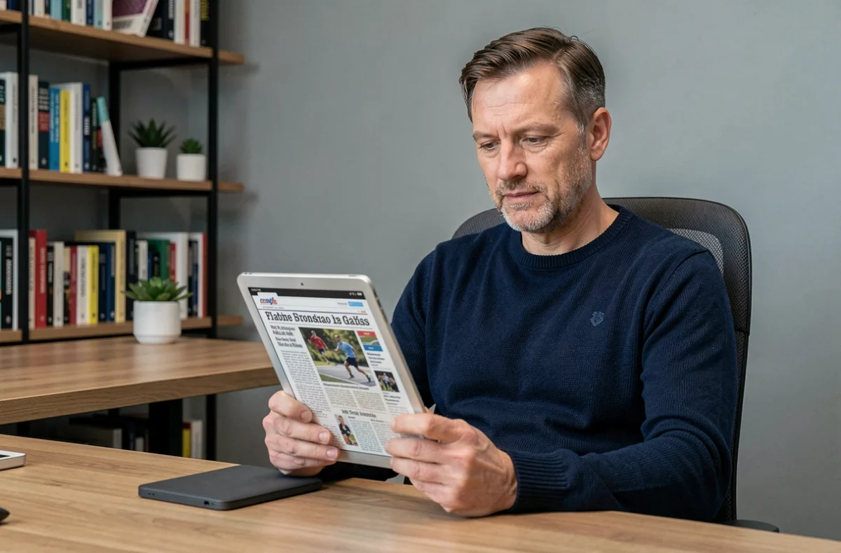 Homme consultant la version PDF du journal Ouest-France sur tablette dans un bureau à domicile