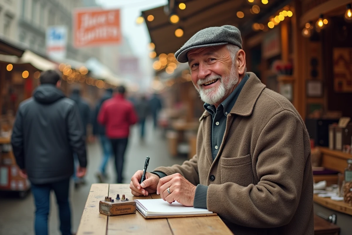 Homme âgé souriant au marché aux puces avec un trinket