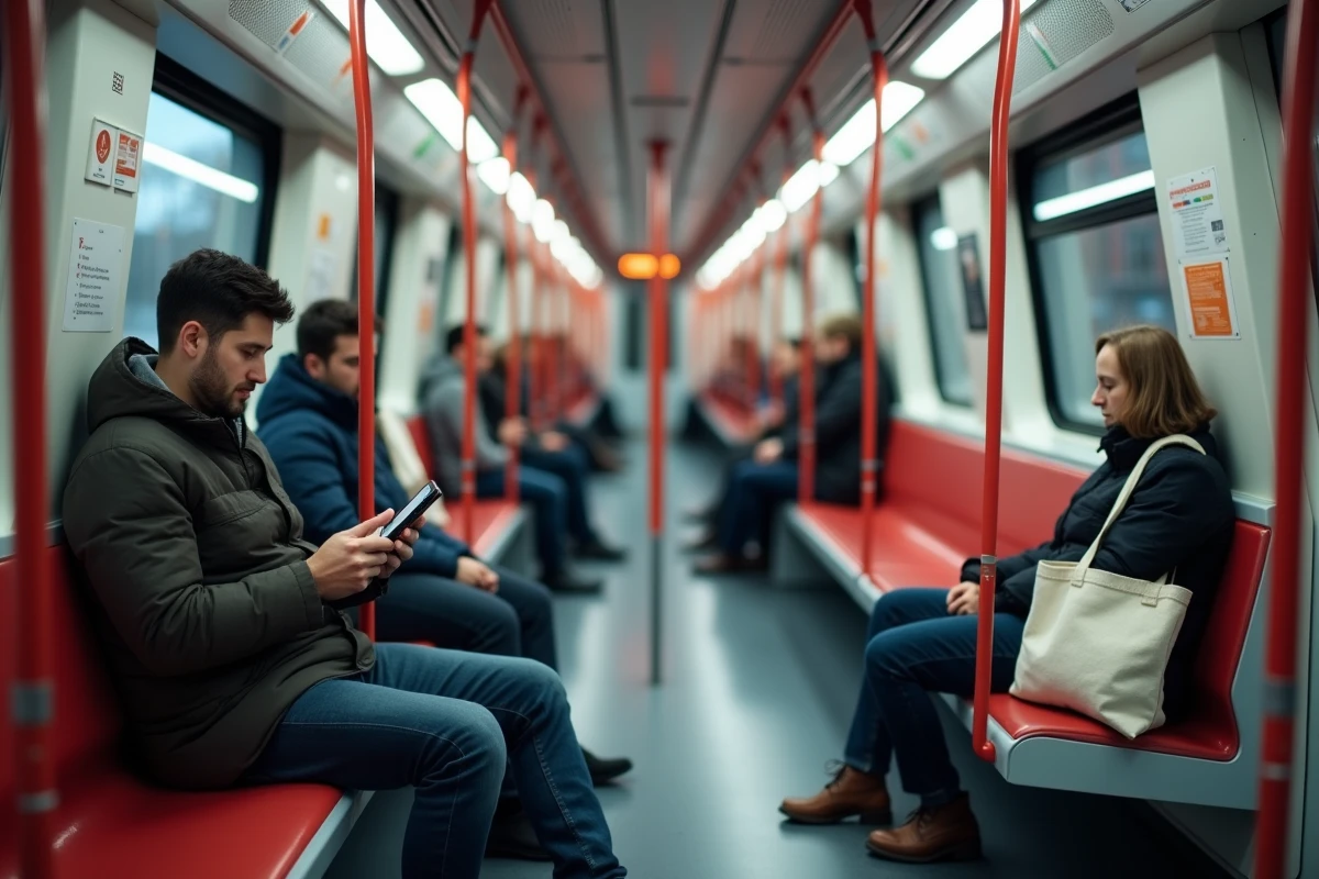 Intérieur d'une rame de métro Tisséo à Toulouse avec passagers et plan de ligne sur smartphone