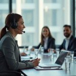 Interprète professionnel avec casque dans une salle moderne