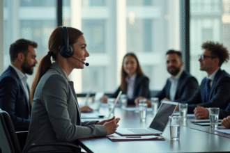 Interprète professionnel avec casque dans une salle moderne